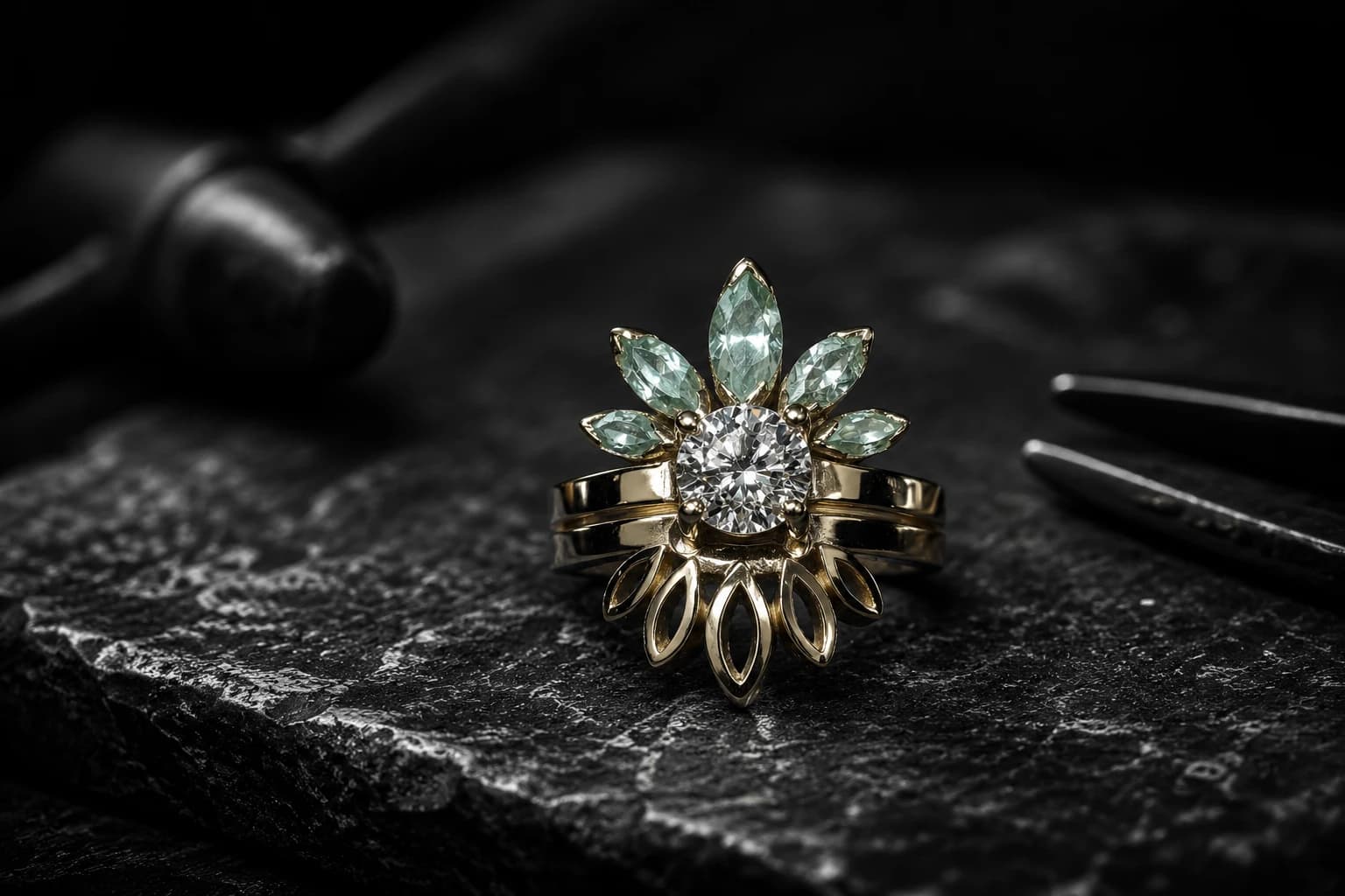 A bespoke yellow gold ring with a diamond centre stone, surrounded by a halo of green marquise stones in a sunburst floral setting.