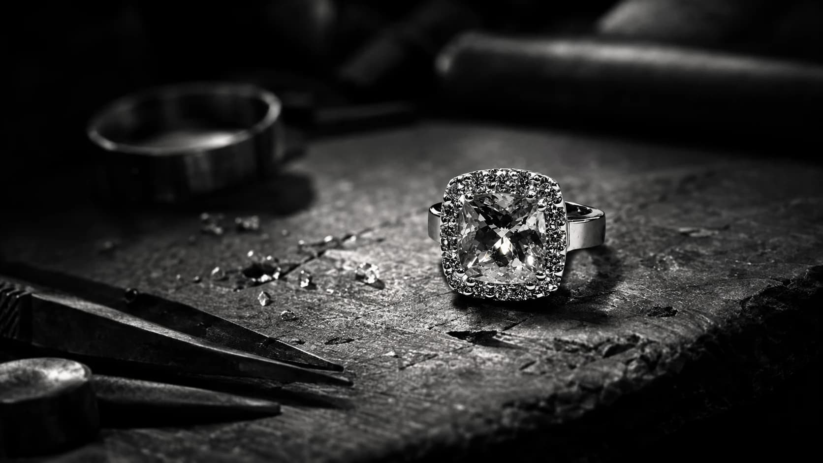 A bespoke cushion-cut diamond halo ring photographed on a jeweller's workbench alongside tools and loose stones.