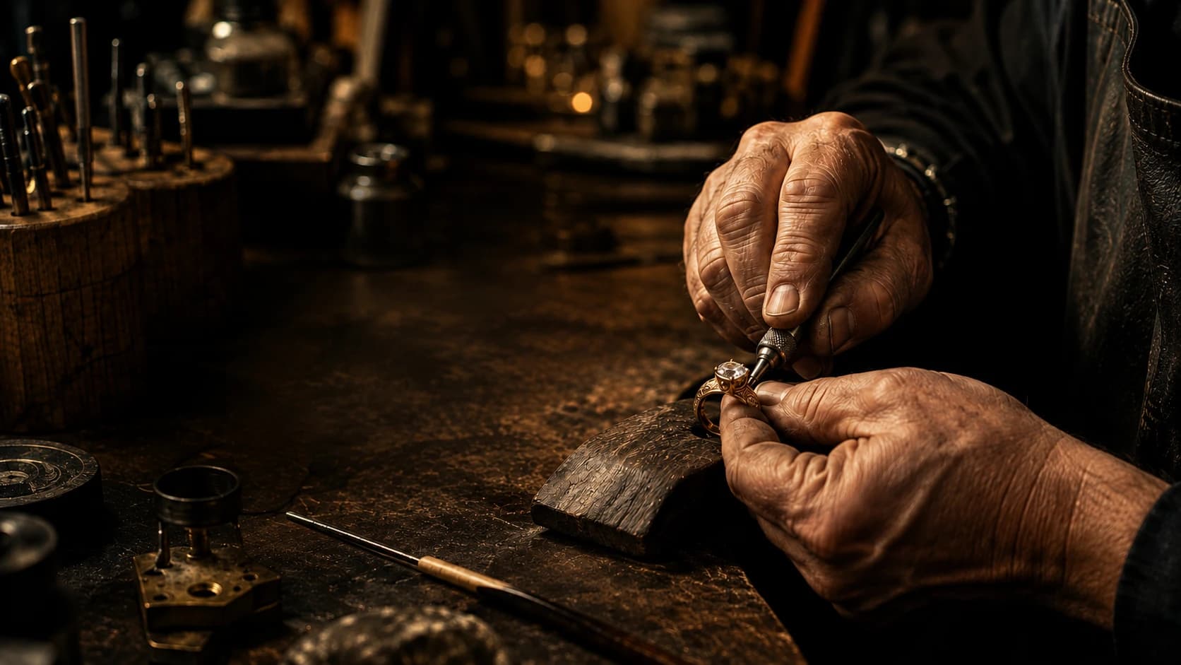A master jeweller's hands setting a diamond under warm directional lighting at the Art of Gold atelier