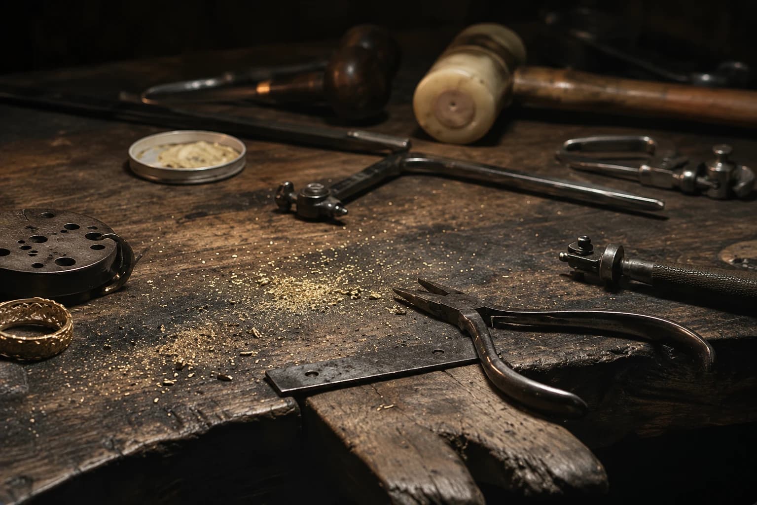 Art of Gold jeweller's workbench — antique tools, pliers, hammers and gold dust on a worn wooden surface